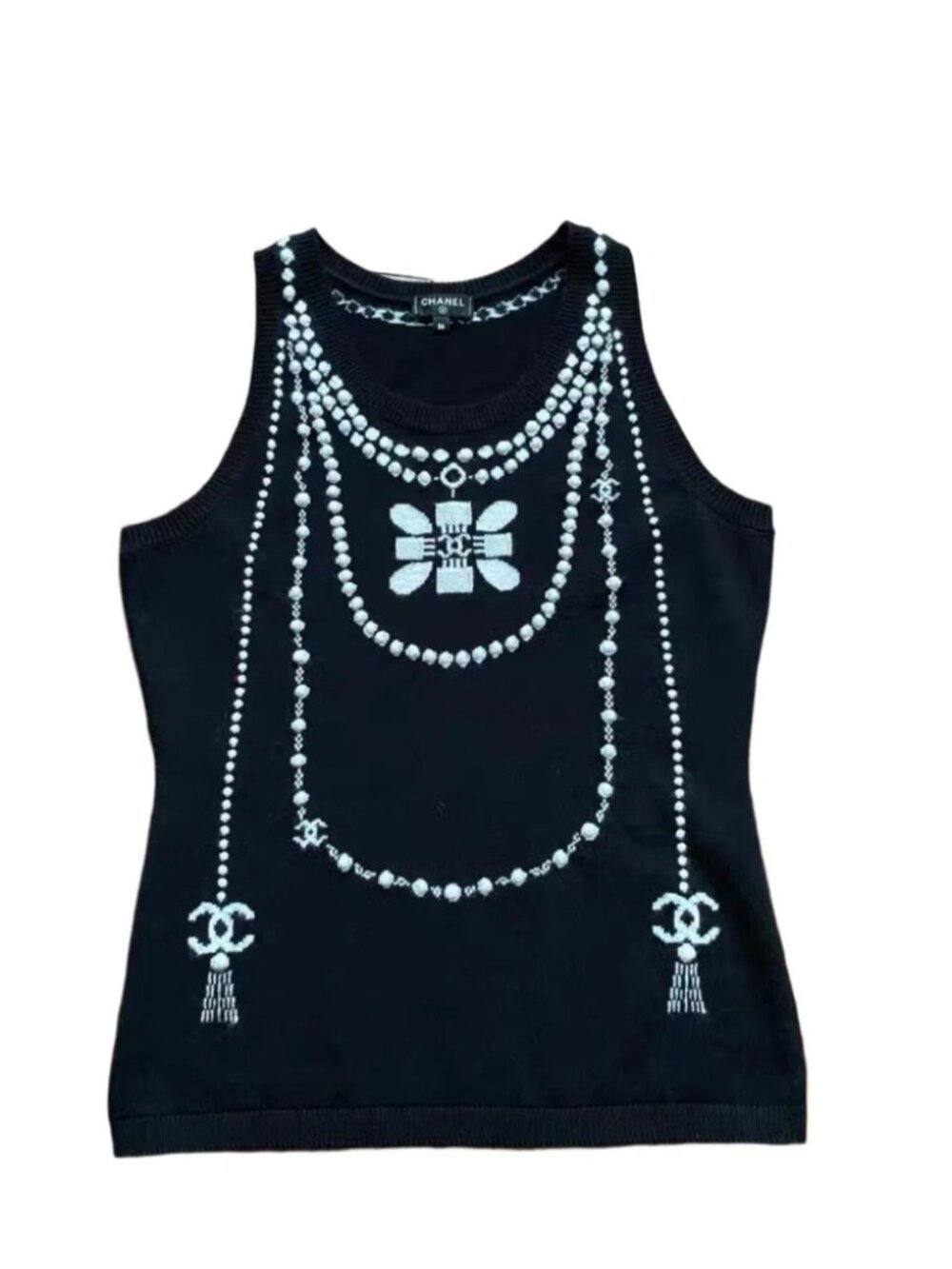 CHANEL 20A Métiers d’Art Black & White Pearl Necklace Cashmere Tank Top Sz 42